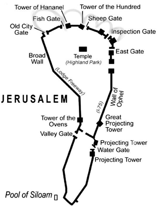 Map of Jerusalem's walls, shaped like a foot